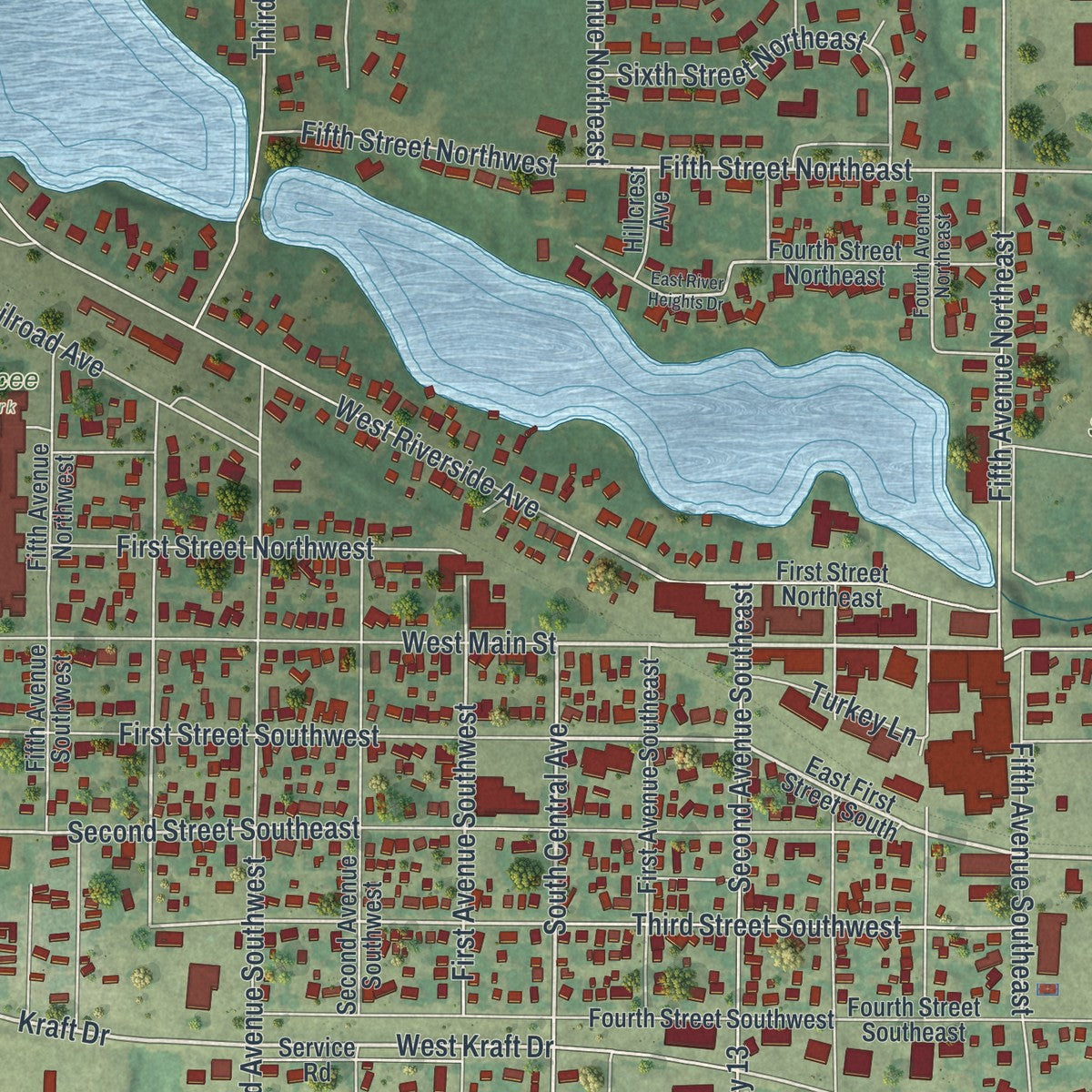 Close-up of the map of Melrose, Minnesota print showing street and building detail