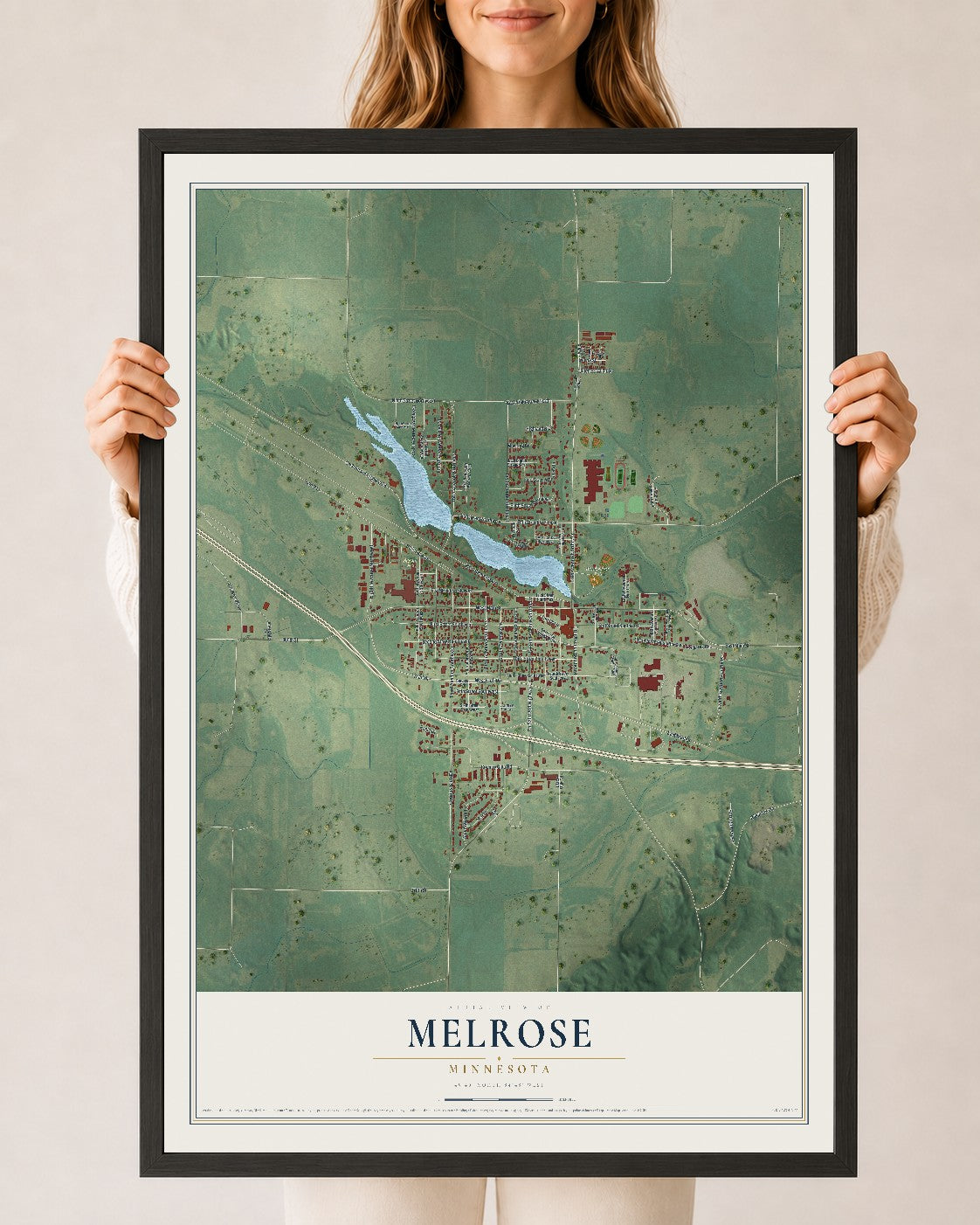 Map of Melrose, Minnesota, 24 x 36 inch print in a black wood frame