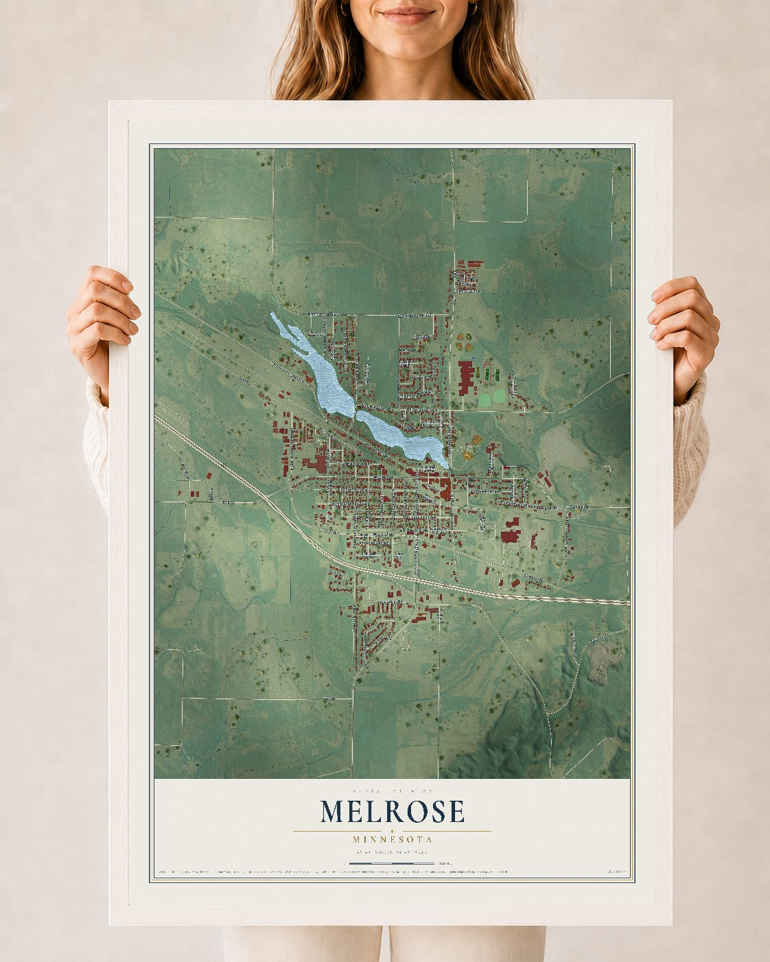 Map of Melrose, Minnesota, 24 x 36 inch print in a white wood frame