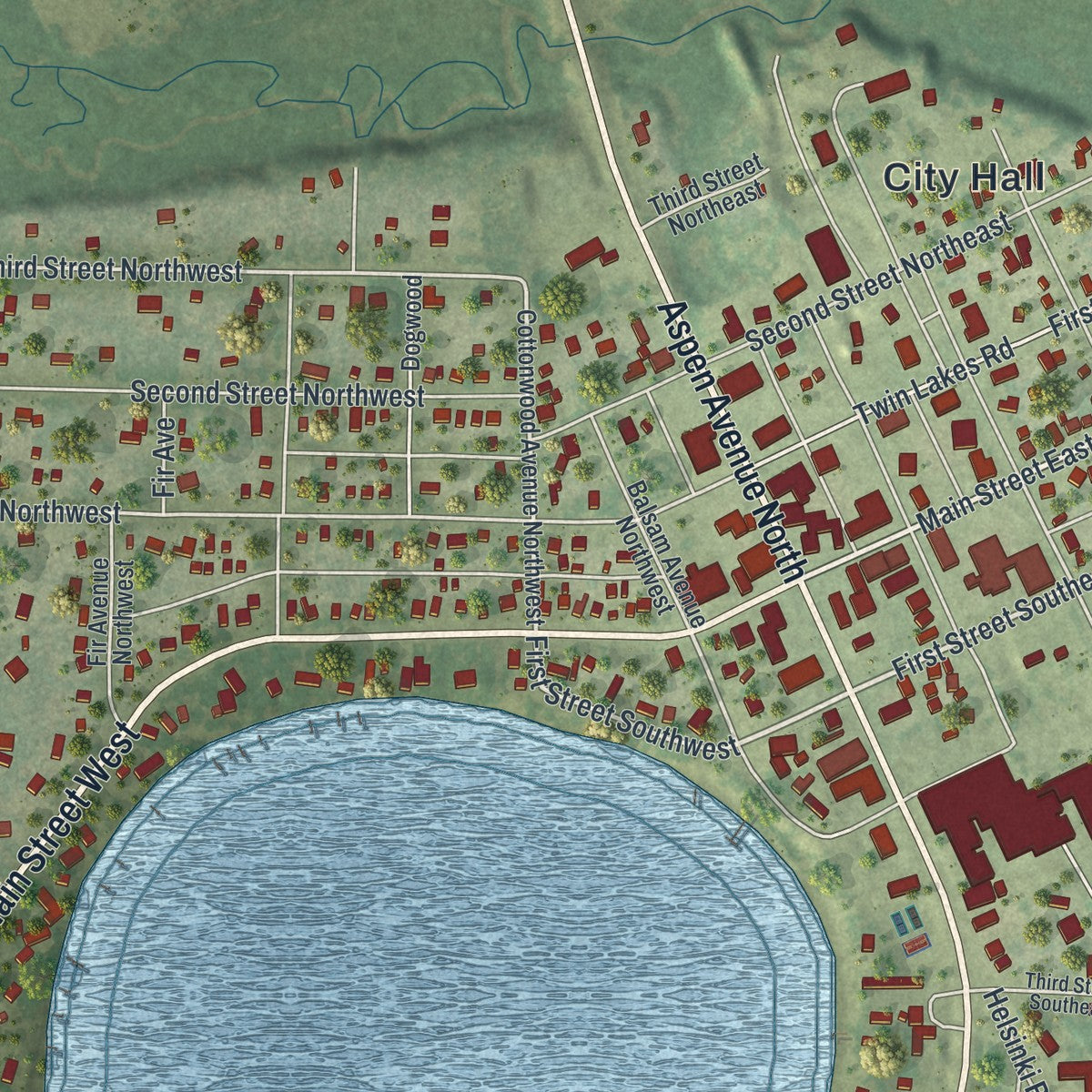 Close-up of the map of Menahga, Minnesota print showing street and building detail