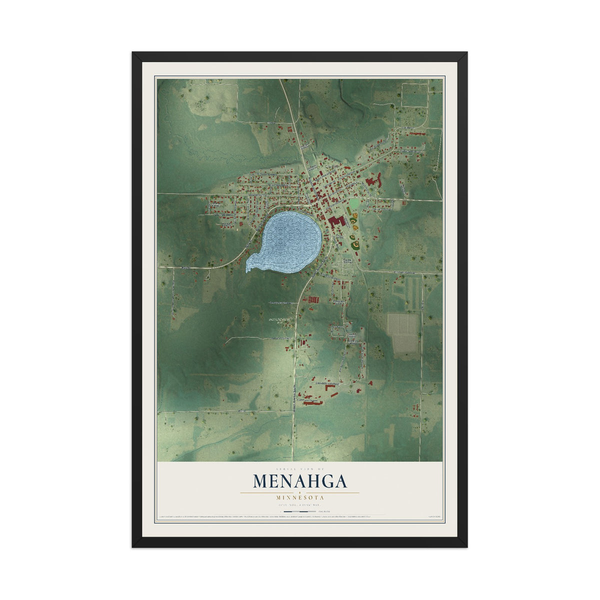 Map of Menahga, Minnesota, 12 x 18 inch print in a black wood frame