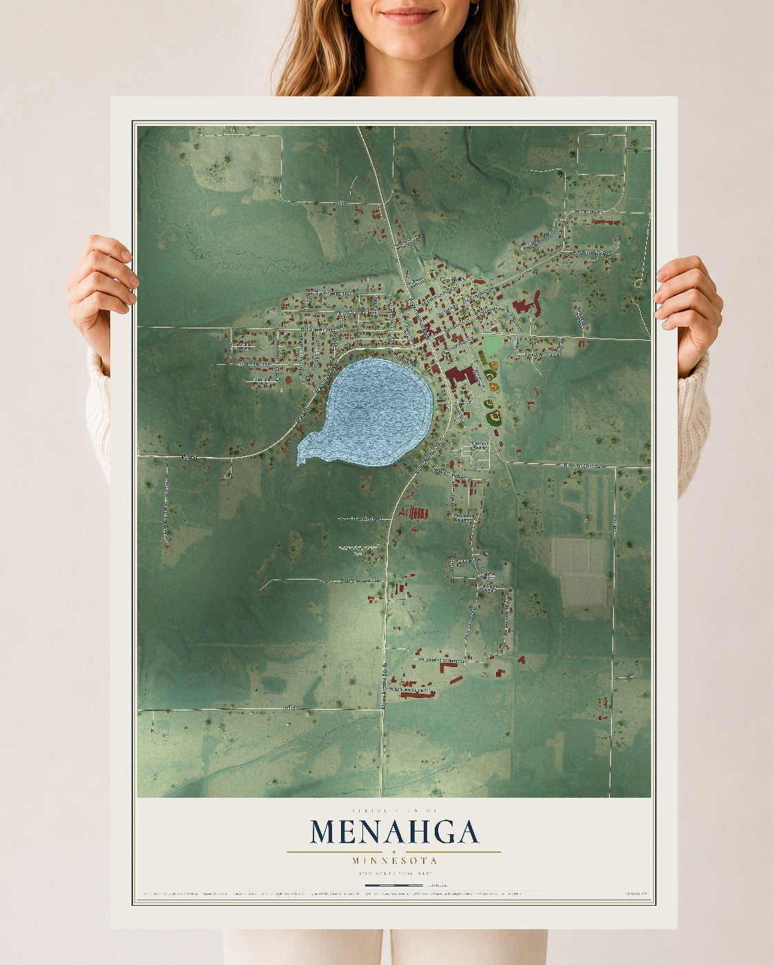 Map of Menahga, Minnesota, 24 x 36 inch unframed archival matte print