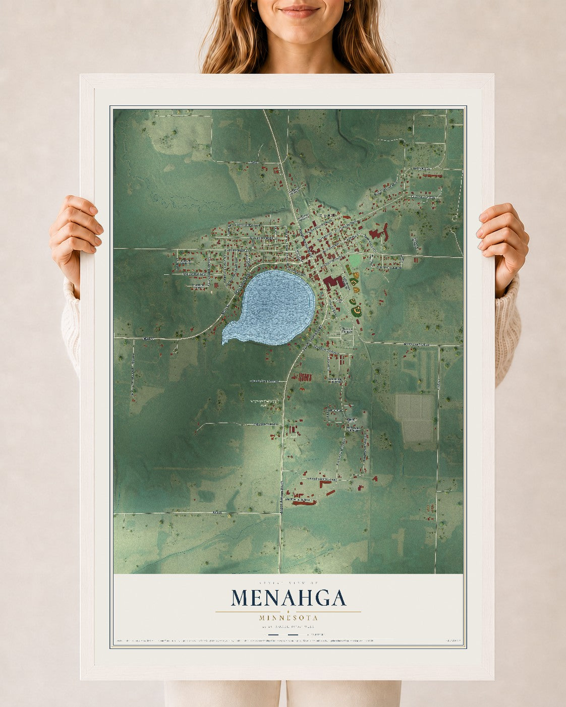 Map of Menahga, Minnesota, 24 x 36 inch print in a white wood frame