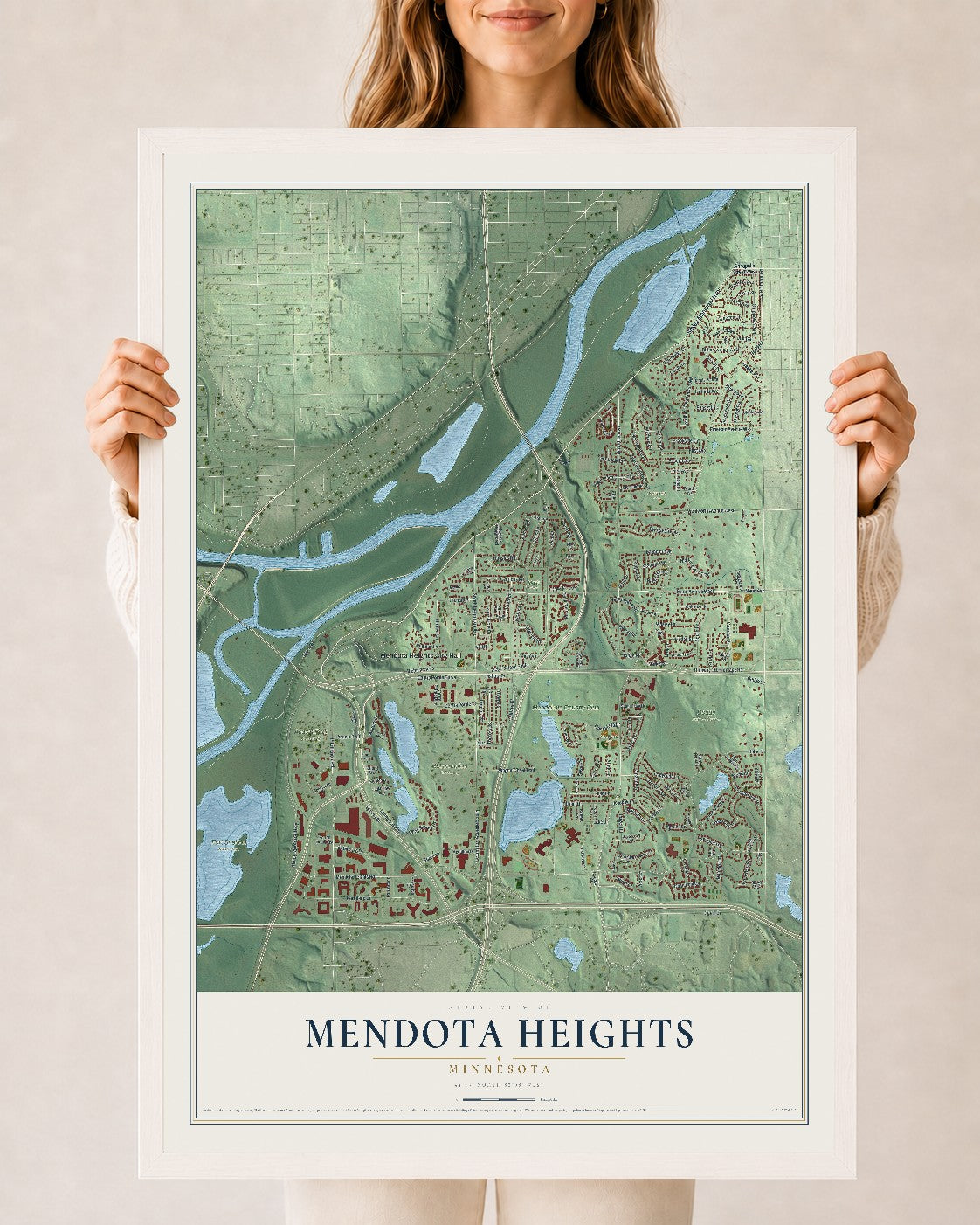 Map of Mendota Heights, Minnesota, 24 x 36 inch print in a white wood frame