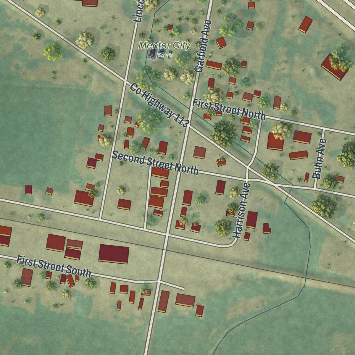 Close-up of the map of Mentor, Minnesota print showing street and building detail