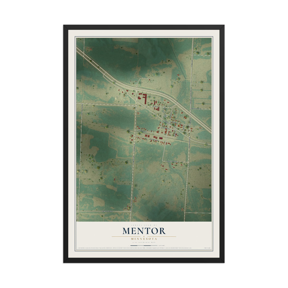 Map of Mentor, Minnesota, 12 x 18 inch print in a black wood frame