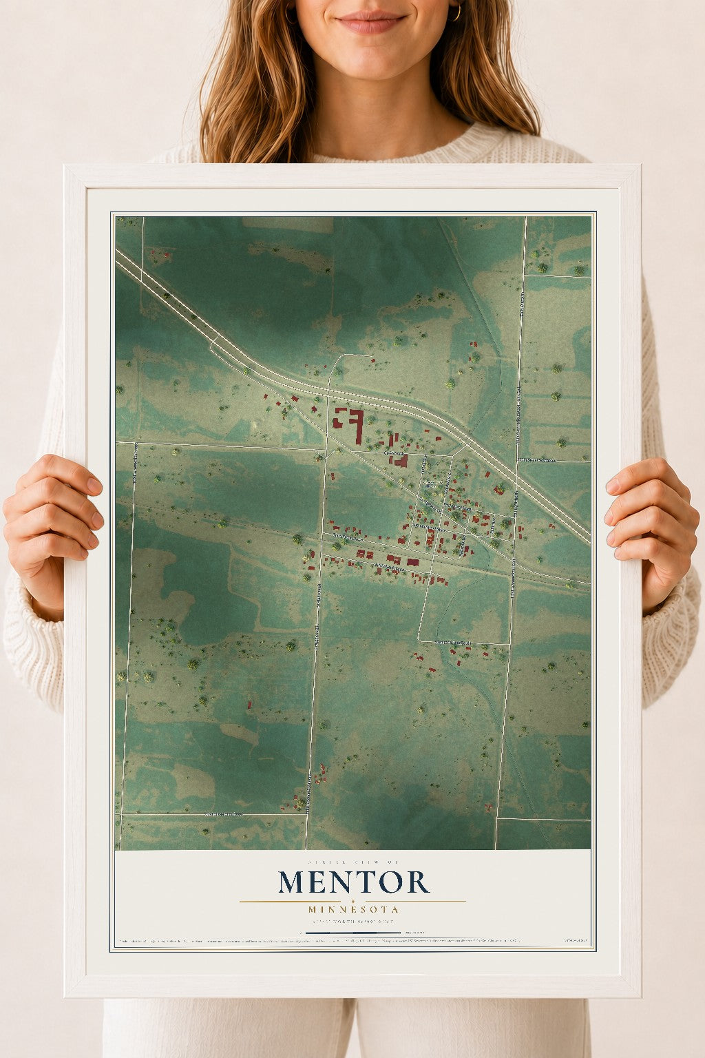 Map of Mentor, Minnesota, 18 x 24 inch print in a white wood frame