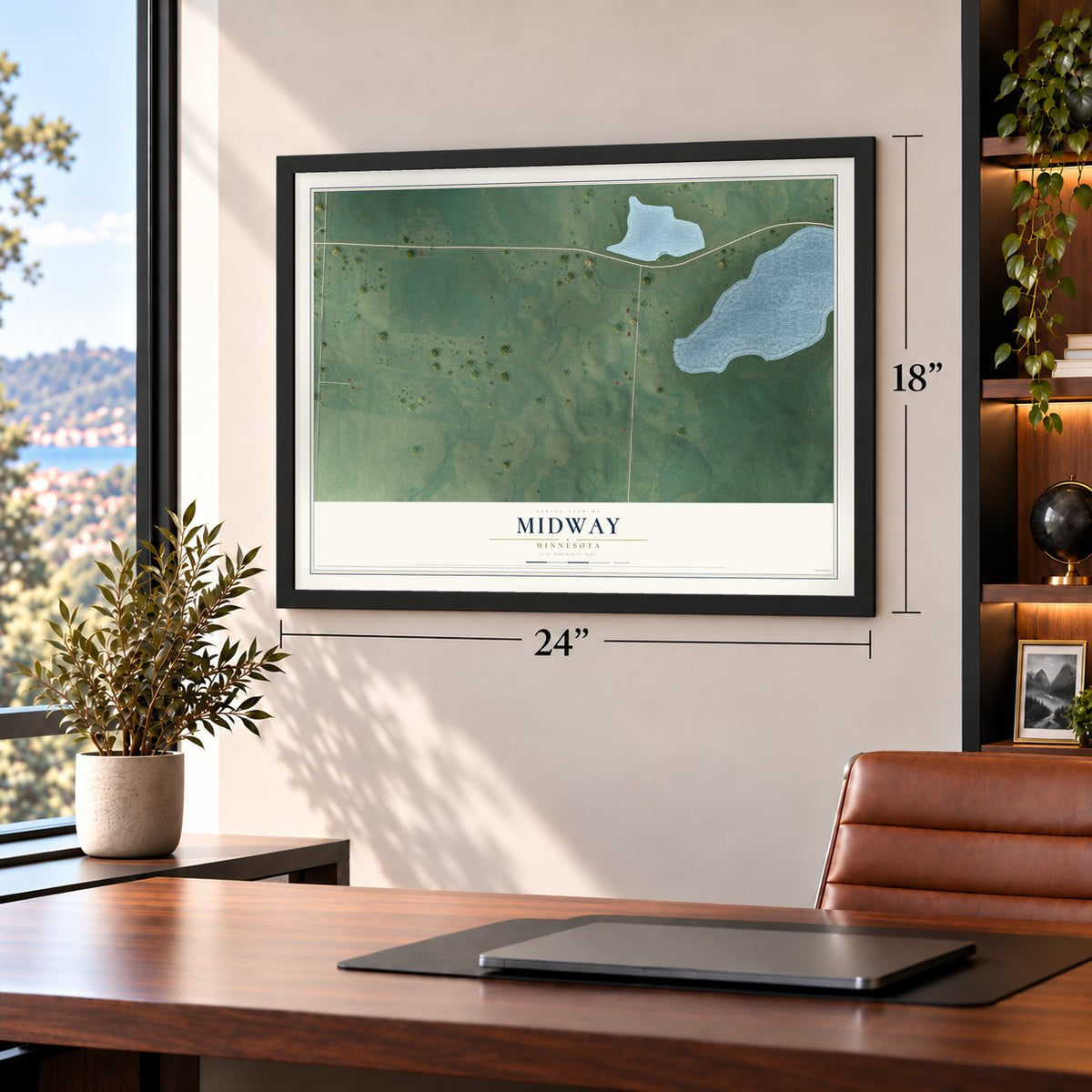 Midway, Minnesota map, 18 x 24 inch print in a black frame in a home office