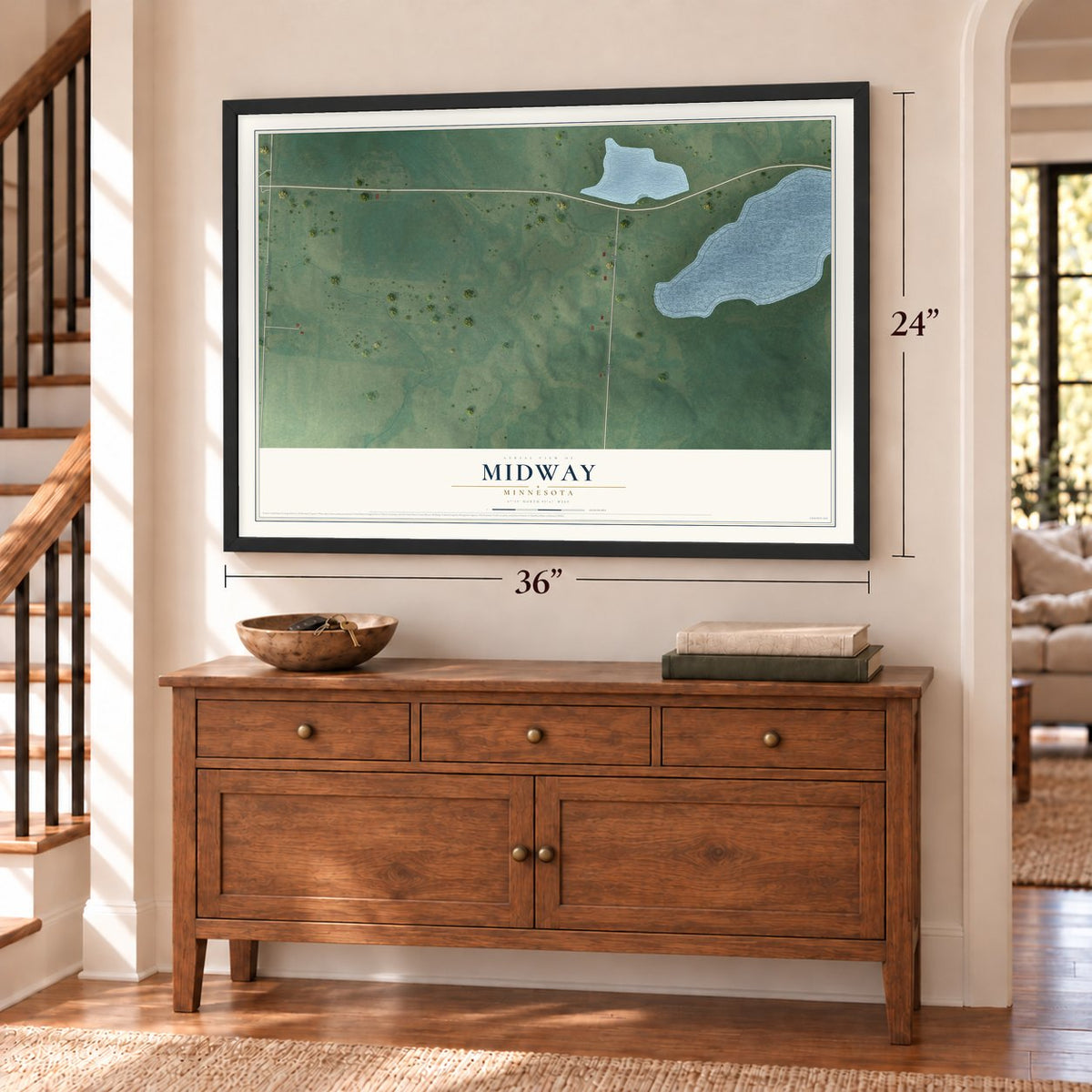 Midway, Minnesota map, 24 x 36 inch print in a black frame above a dresser by a staircase