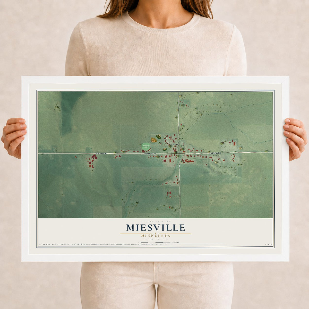 Map of Miesville, Minnesota, 12 x 18 inch print in a white wood frame
