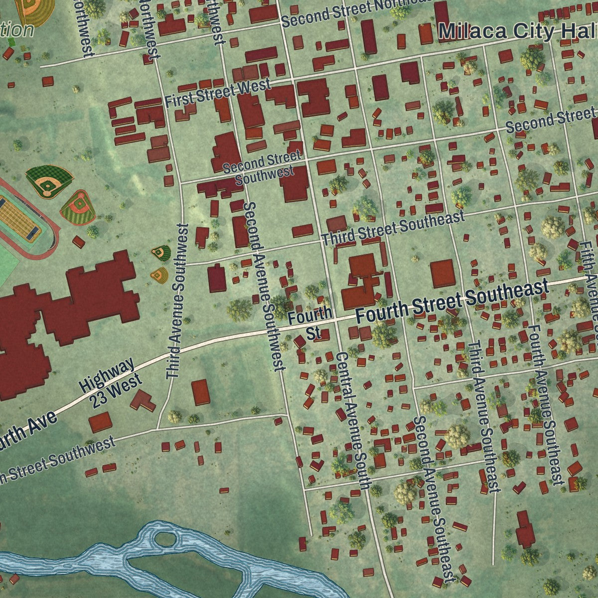 Close-up of the map of Milaca, Minnesota print showing street and building detail