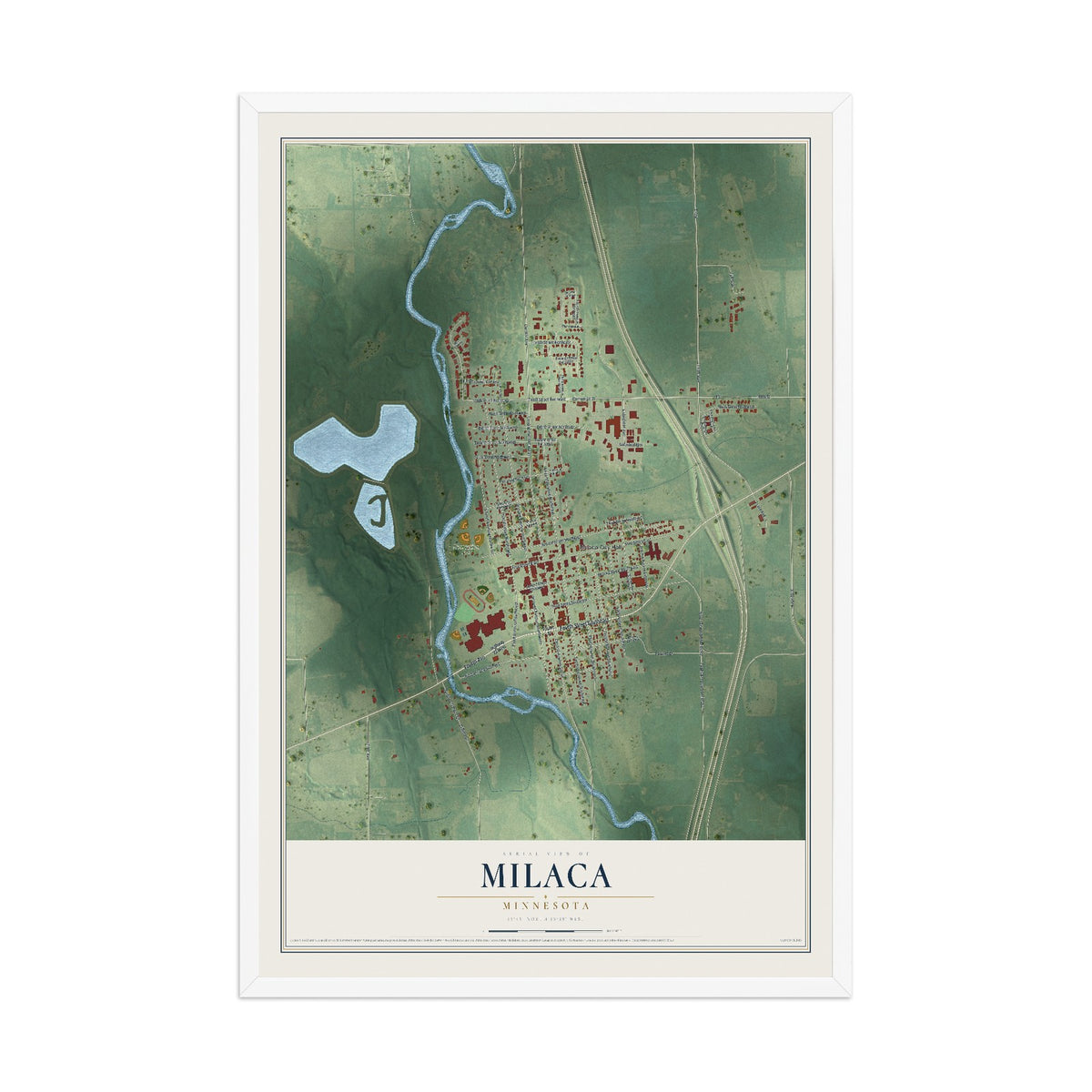 Map of Milaca, Minnesota, 12 x 18 inch print in a white wood frame