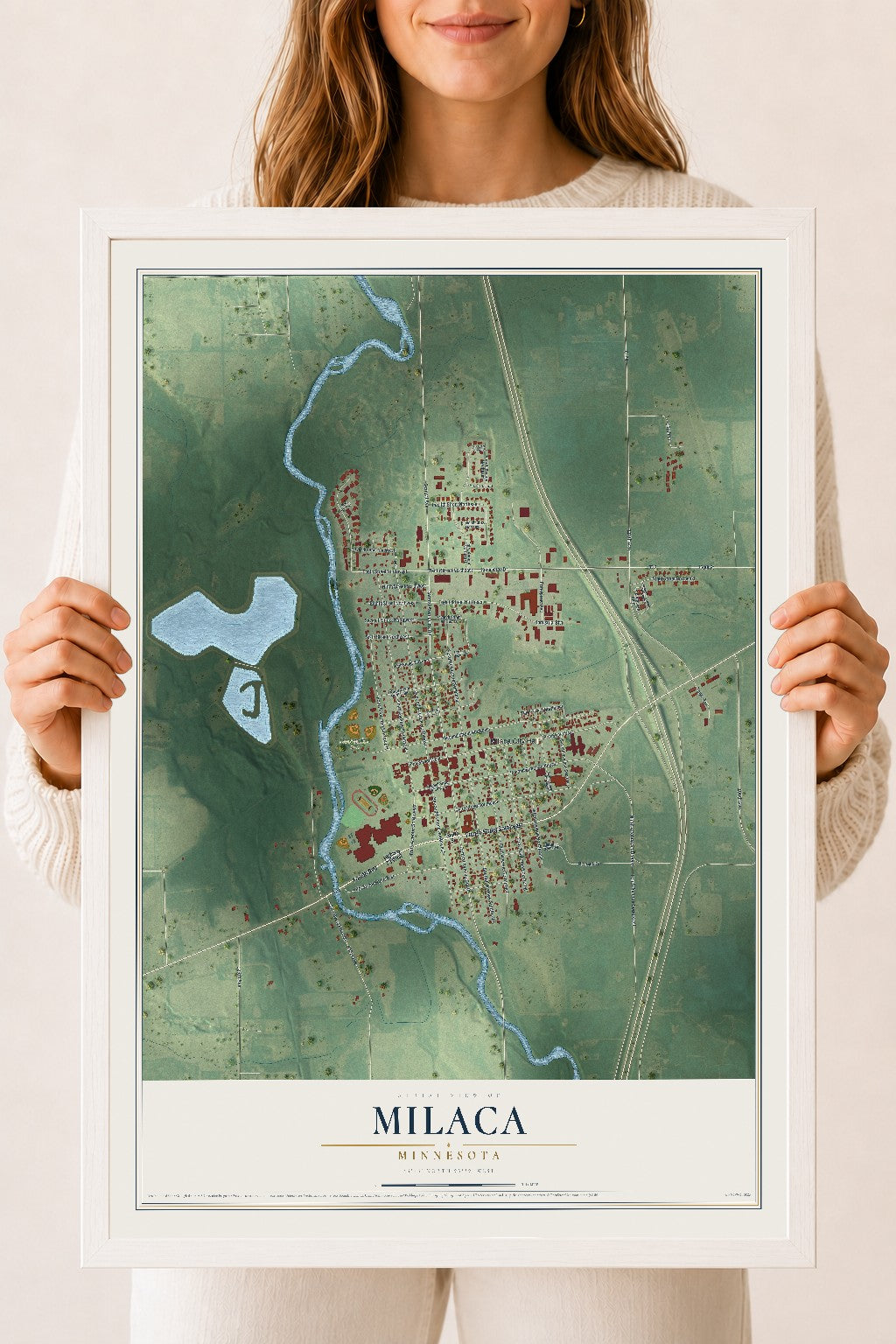 Map of Milaca, Minnesota, 18 x 24 inch print in a white wood frame