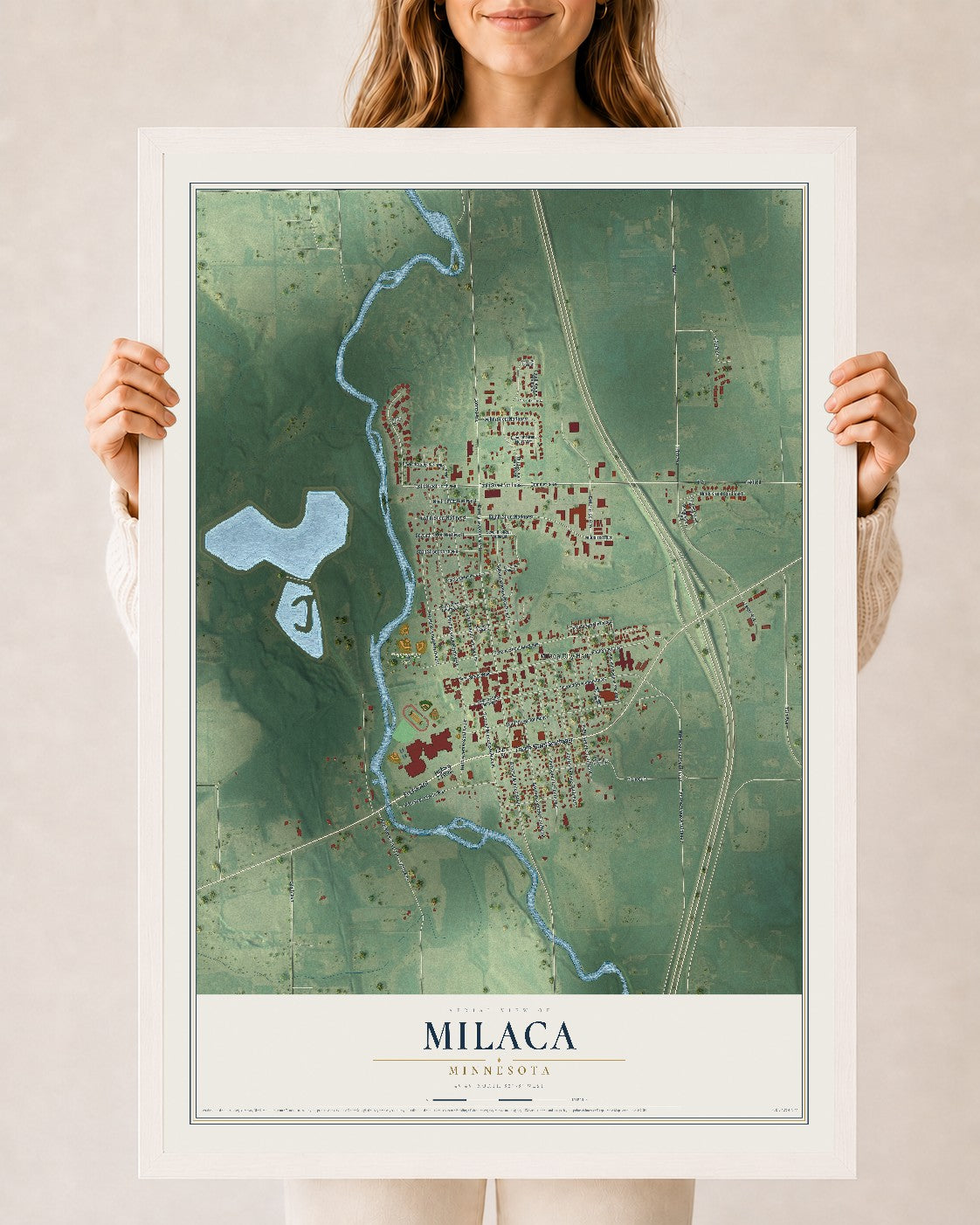 Map of Milaca, Minnesota, 24 x 36 inch print in a white wood frame