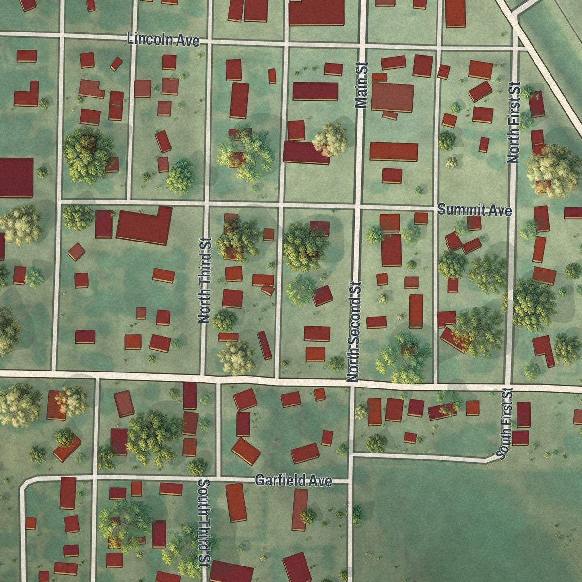 Close-up of the map of Milan, Minnesota print showing street and building detail