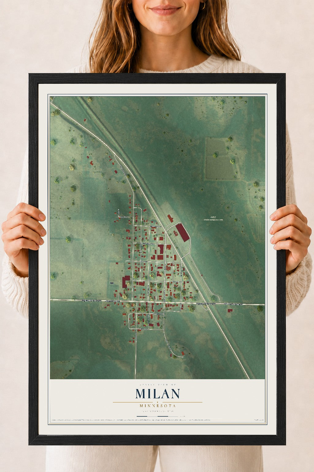 Map of Milan, Minnesota, 18 x 24 inch print in a black wood frame