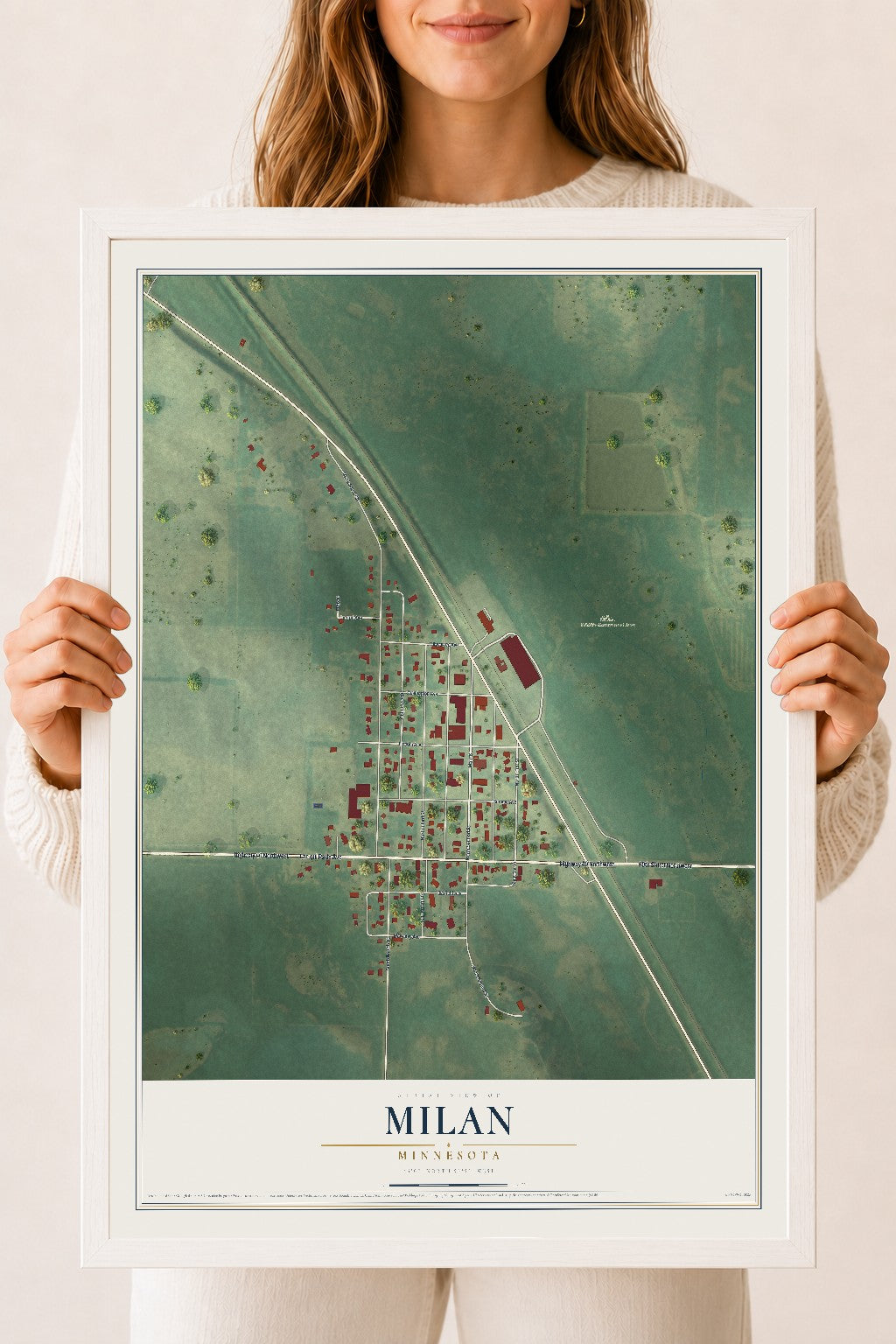 Map of Milan, Minnesota, 18 x 24 inch print in a white wood frame