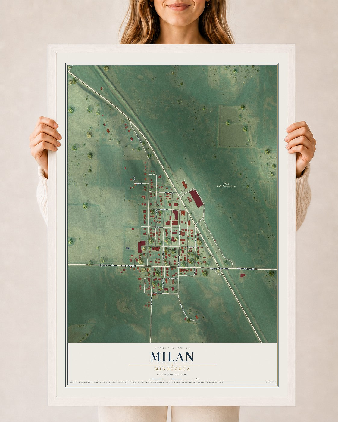 Map of Milan, Minnesota, 24 x 36 inch print in a white wood frame