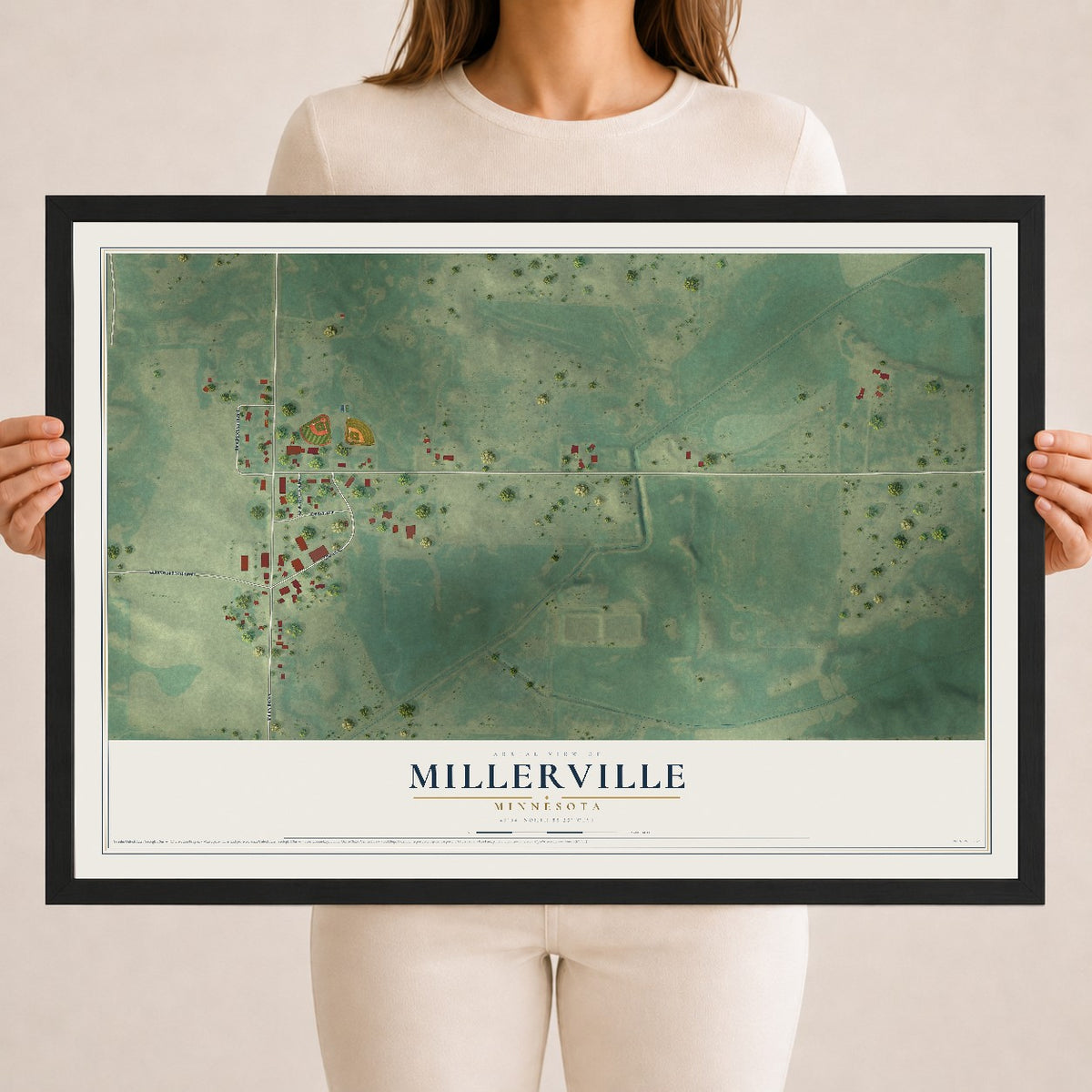 Map of Millerville, Minnesota, 18 x 24 inch print in a black wood frame