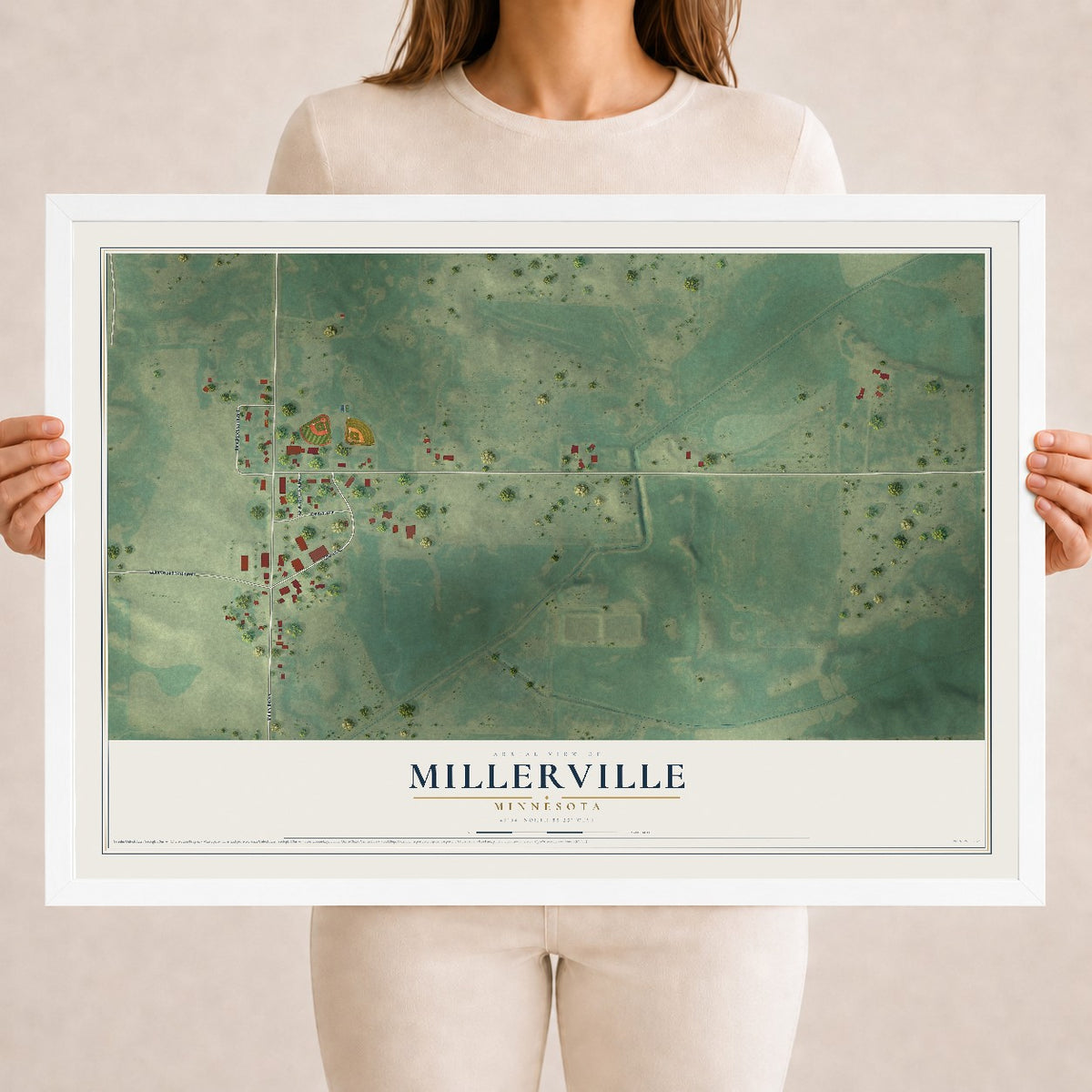 Map of Millerville, Minnesota, 18 x 24 inch print in a white wood frame