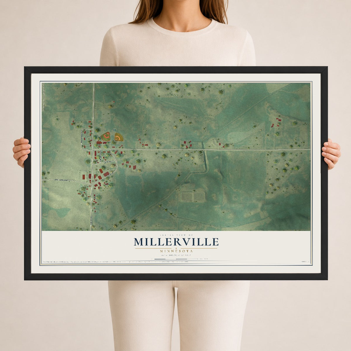 Map of Millerville, Minnesota, 24 x 36 inch print in a black wood frame