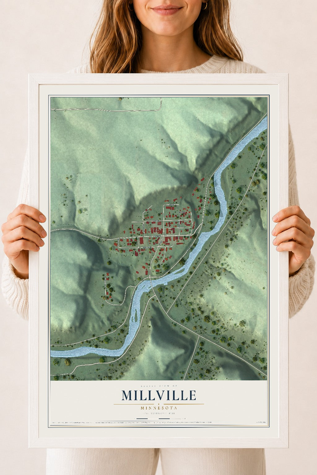 Map of Millville, Minnesota, 18 x 24 inch print in a white wood frame
