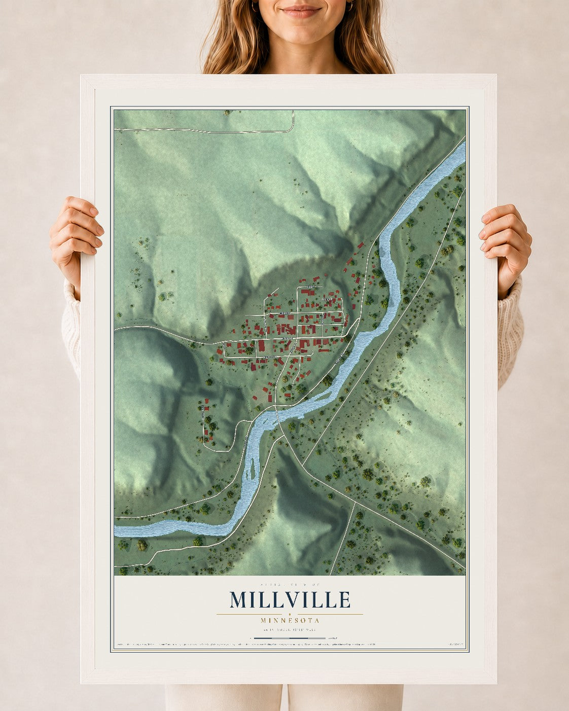 Map of Millville, Minnesota, 24 x 36 inch print in a white wood frame