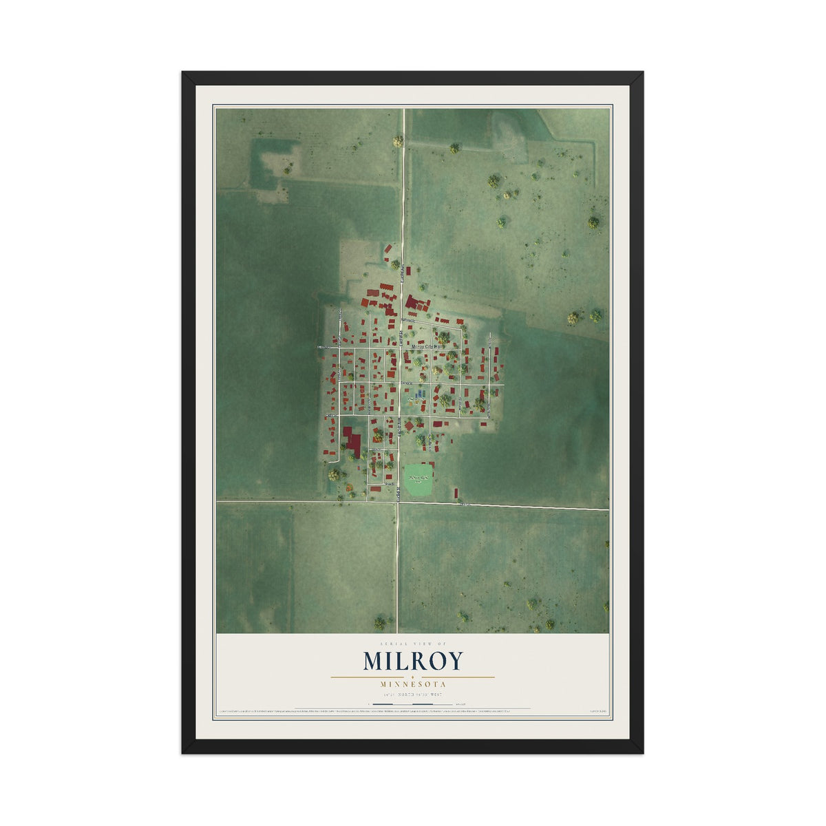 Map of Milroy, Minnesota, 12 x 18 inch print in a black wood frame