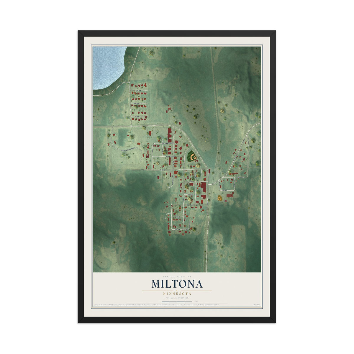 Map of Miltona, Minnesota, 12 x 18 inch print in a black wood frame