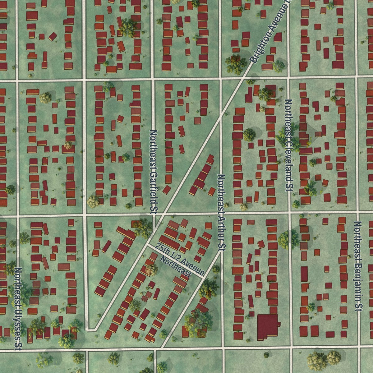 Close-up of the map of Audubon Park, Minnesota print showing street and building detail