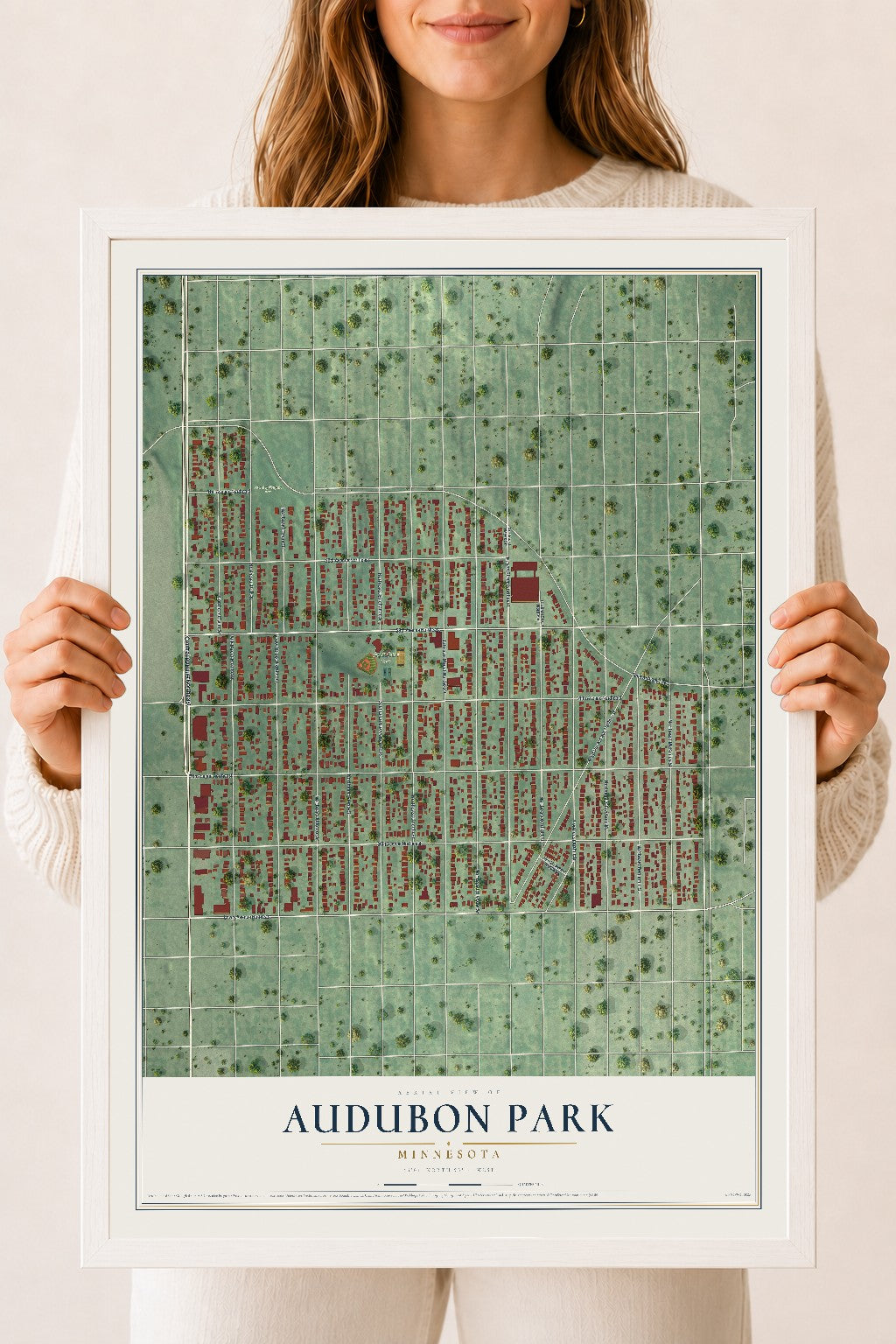 Map of Audubon Park, Minnesota, 18 x 24 inch print in a white wood frame