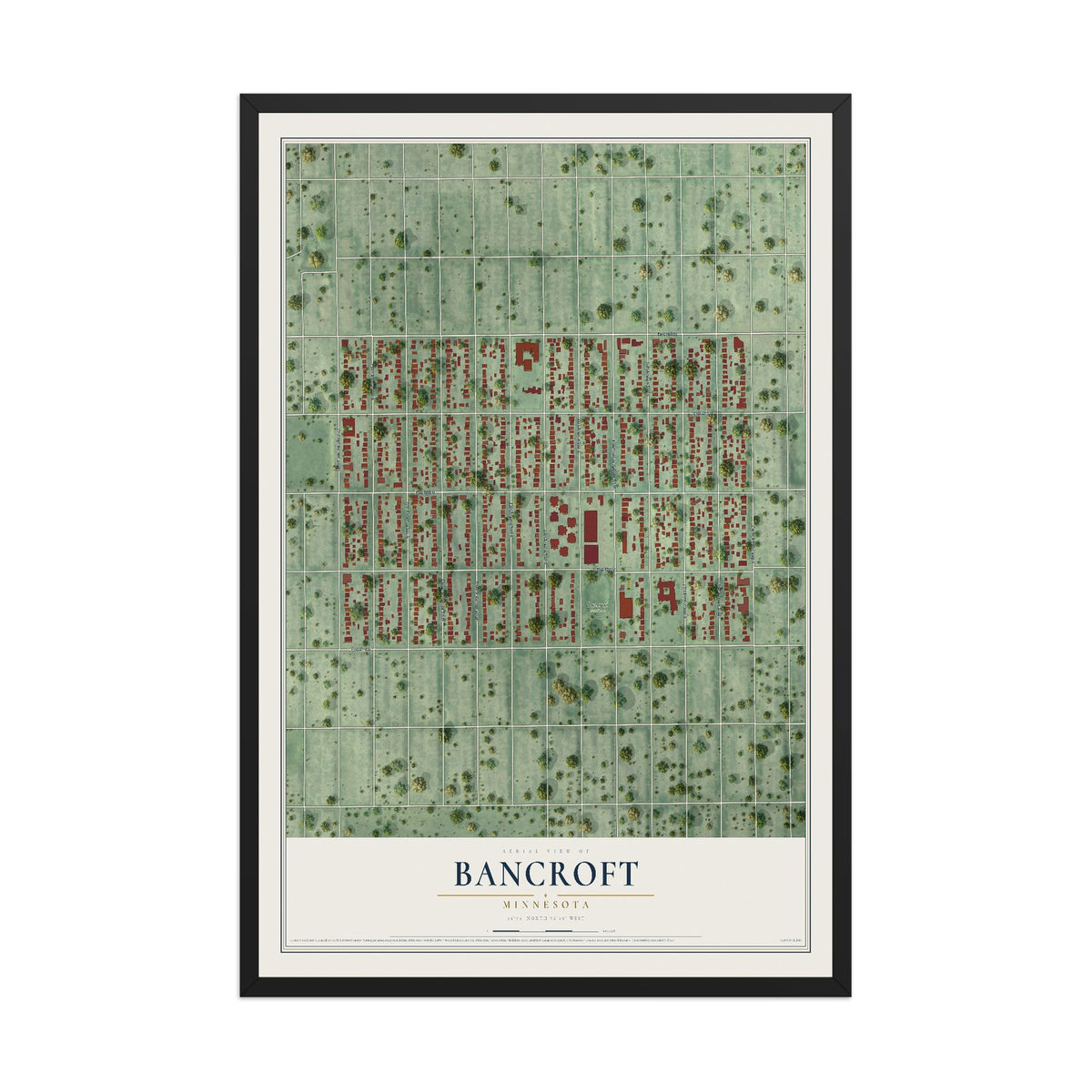 Map of Bancroft, Minnesota, 12 x 18 inch print in a black wood frame