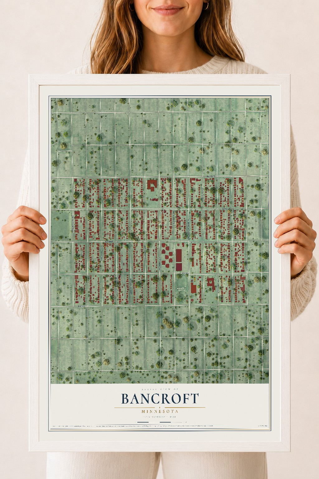 Map of Bancroft, Minnesota, 18 x 24 inch print in a white wood frame
