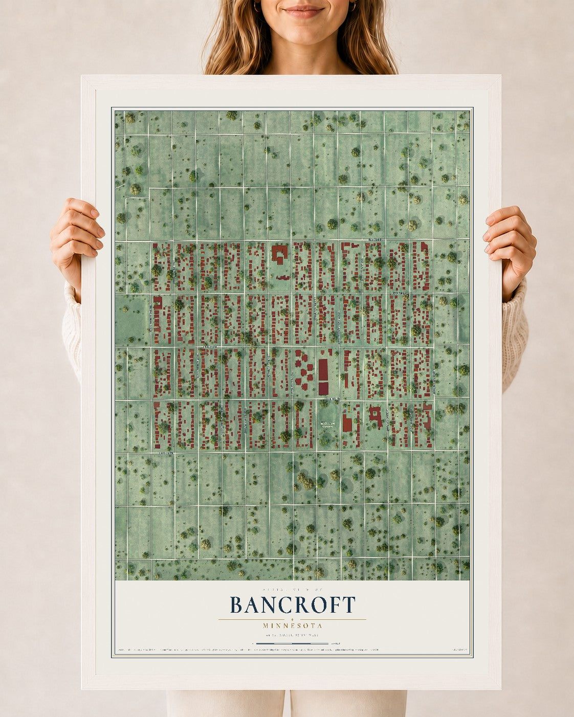 Map of Bancroft, Minnesota, 24 x 36 inch print in a white wood frame