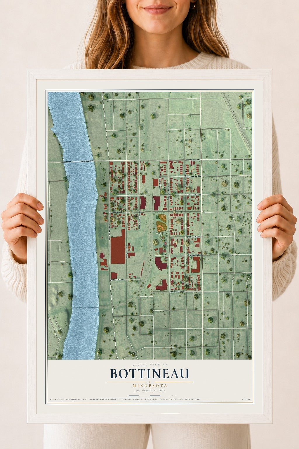 Map of Bottineau, Minnesota, 18 x 24 inch print in a white wood frame