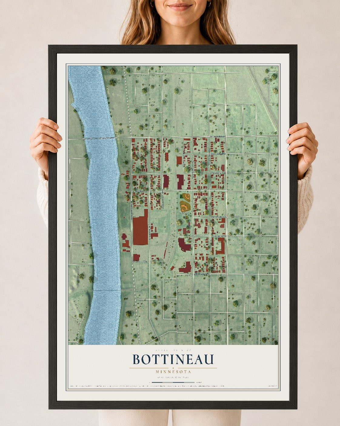 Map of Bottineau, Minnesota, 24 x 36 inch print in a black wood frame