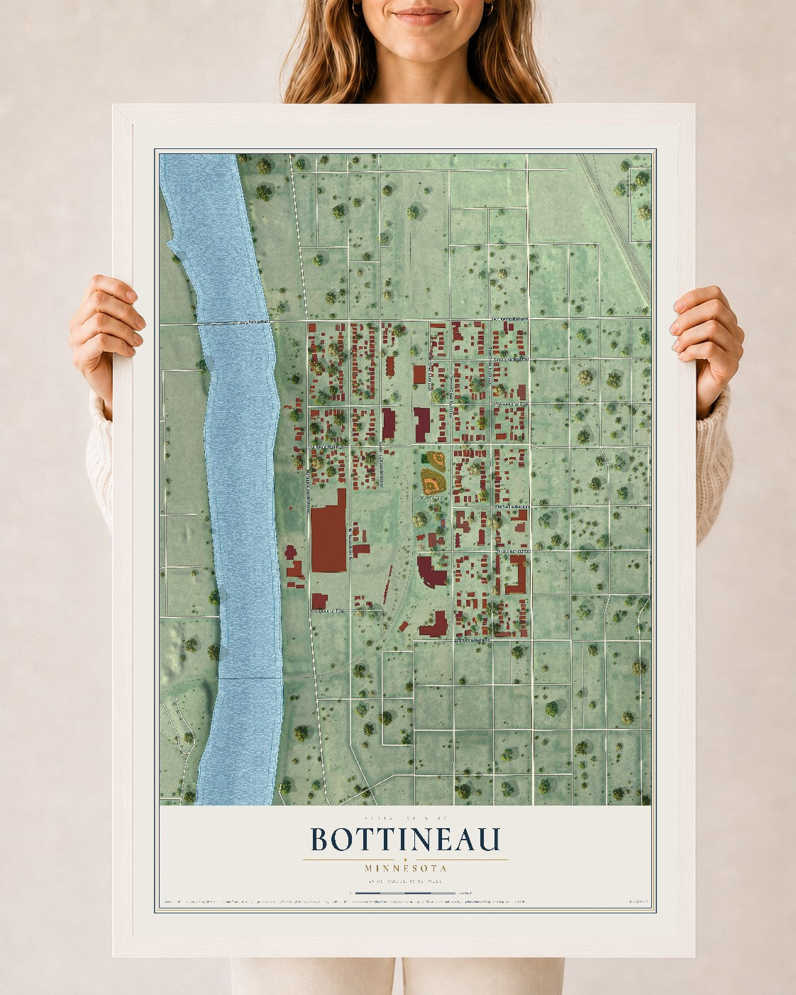 Map of Bottineau, Minnesota, 24 x 36 inch print in a white wood frame