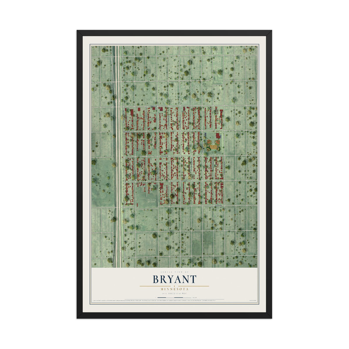 Map of Bryant, Minnesota, 12 x 18 inch print in a black wood frame