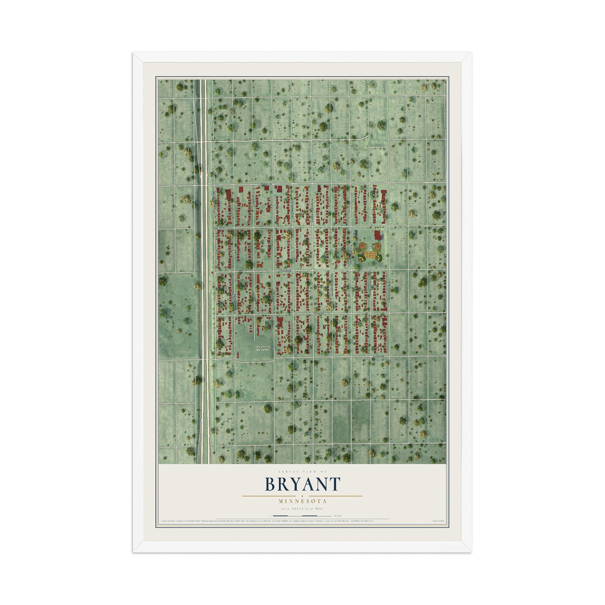 Map of Bryant, Minnesota, 12 x 18 inch print in a white wood frame