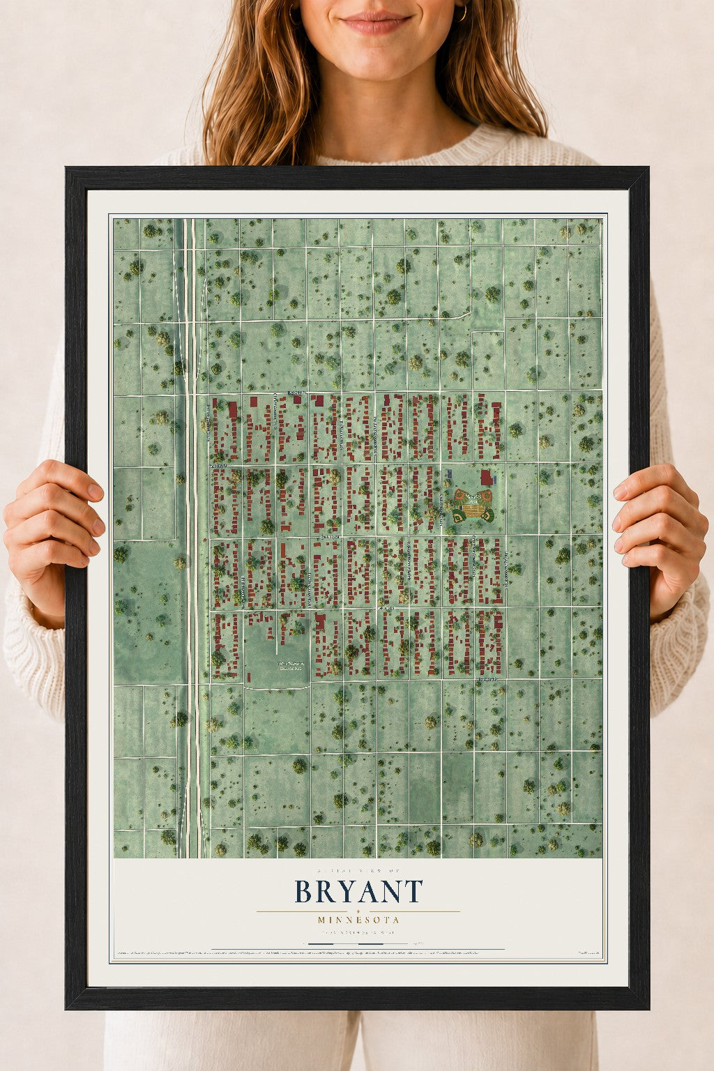 Map of Bryant, Minnesota, 18 x 24 inch print in a black wood frame