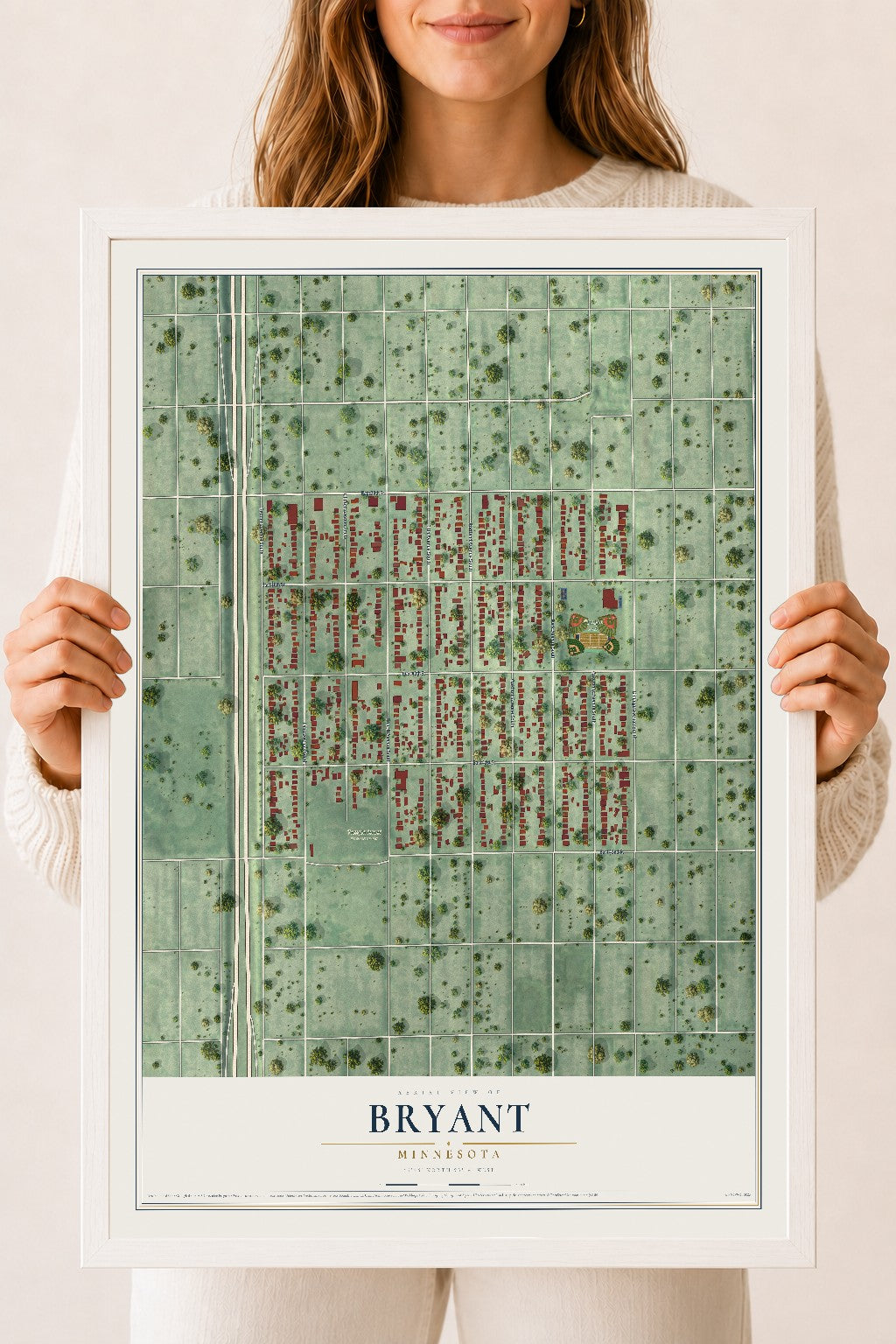 Map of Bryant, Minnesota, 18 x 24 inch print in a white wood frame