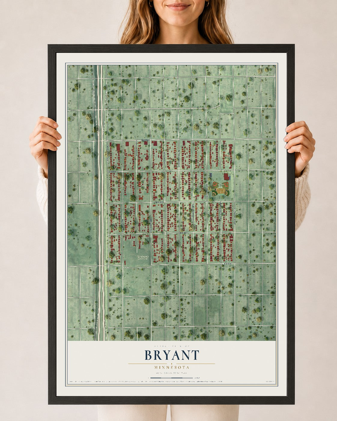 Map of Bryant, Minnesota, 24 x 36 inch print in a black wood frame