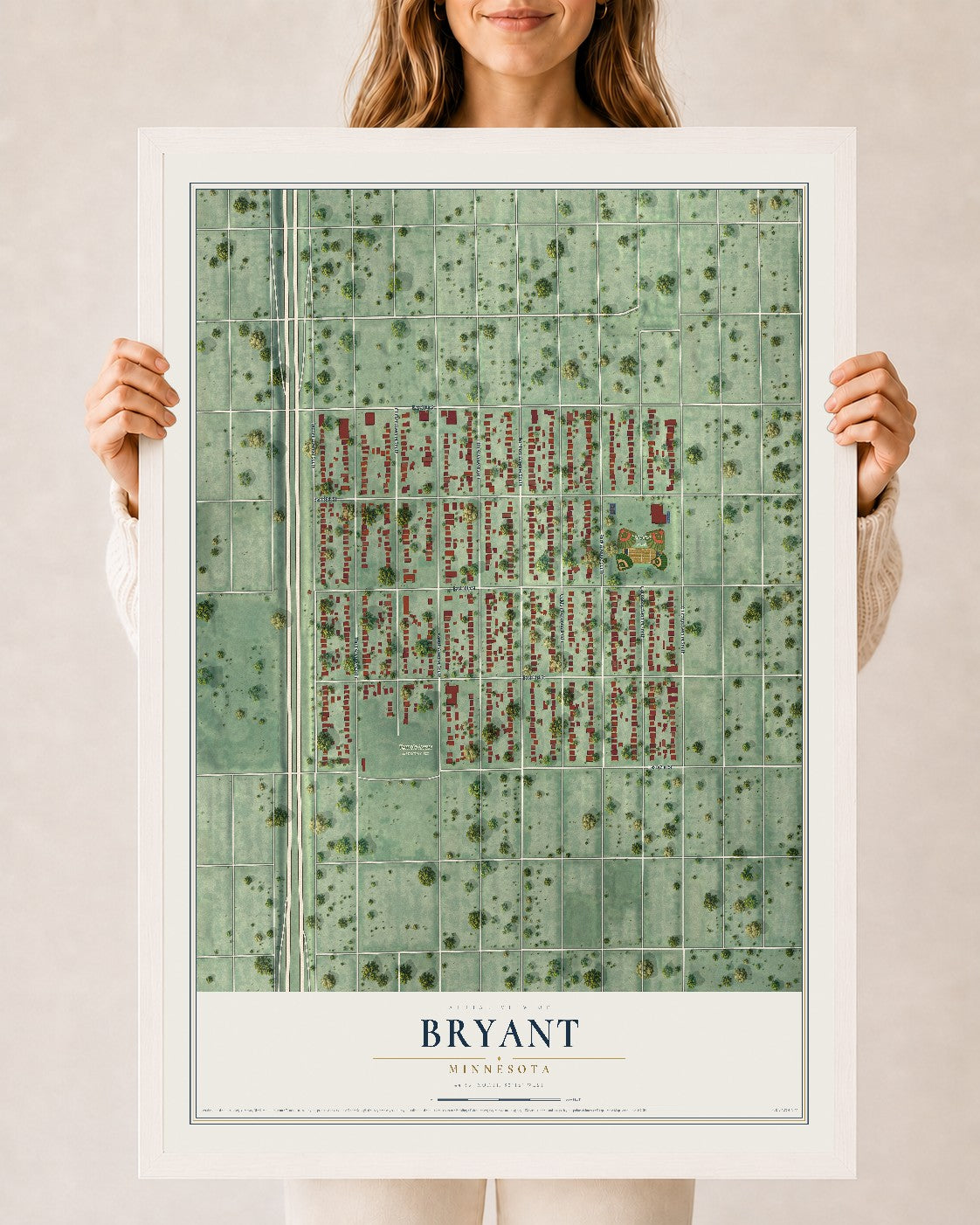 Map of Bryant, Minnesota, 24 x 36 inch print in a white wood frame