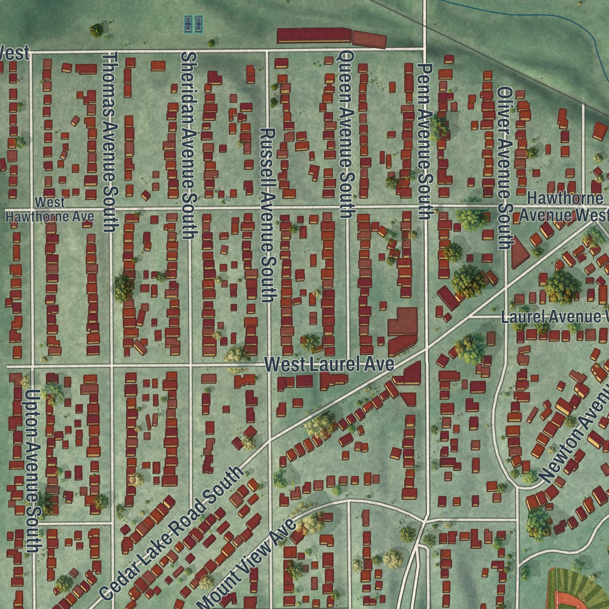 Close-up of the map of Bryn - Mawr, Minnesota print showing street and building detail