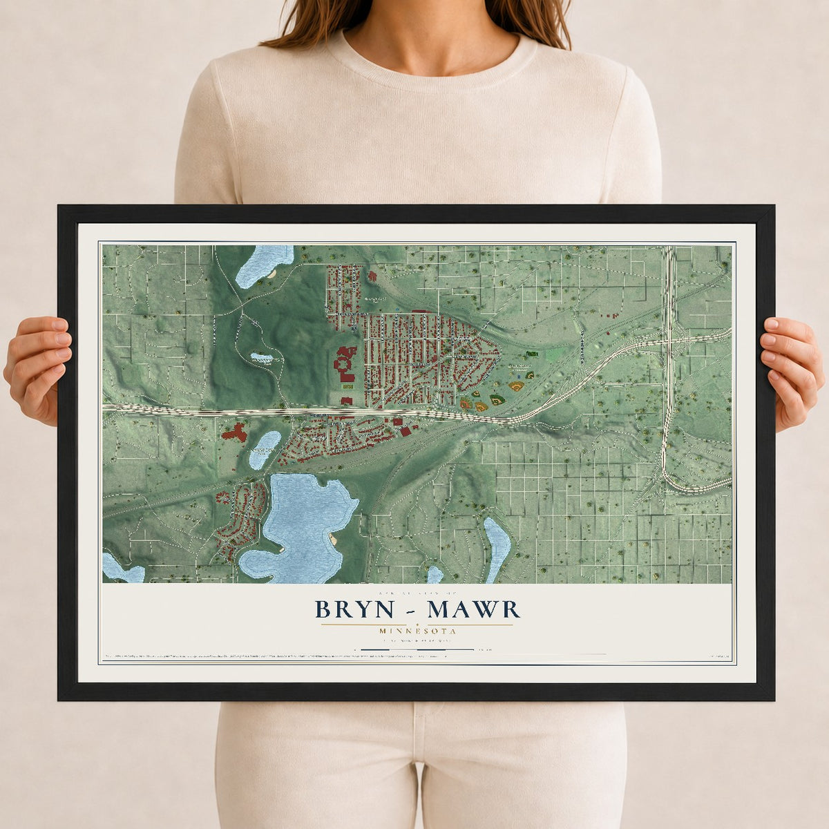 Map of Bryn - Mawr, Minnesota, 12 x 18 inch print in a black wood frame
