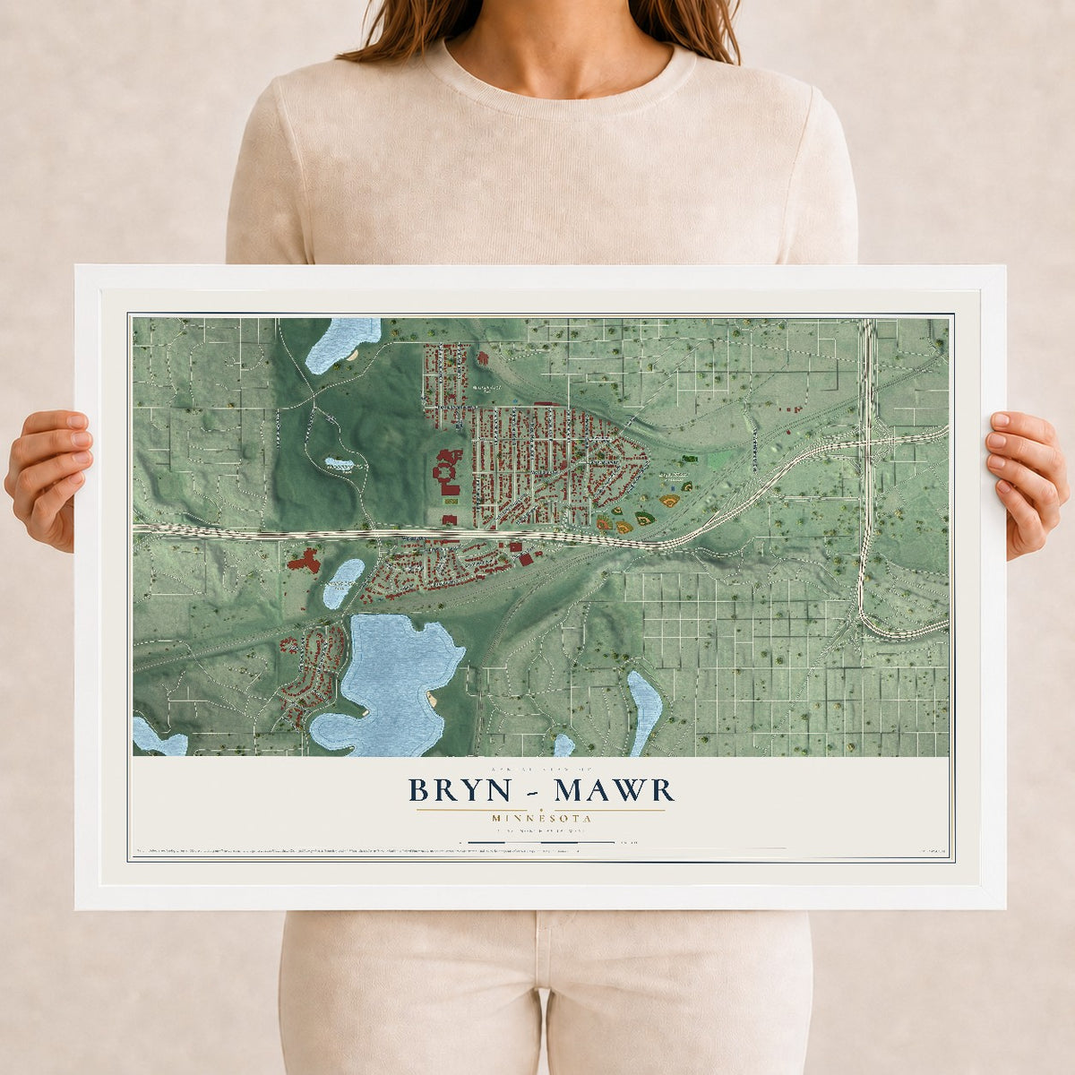 Map of Bryn - Mawr, Minnesota, 12 x 18 inch print in a white wood frame