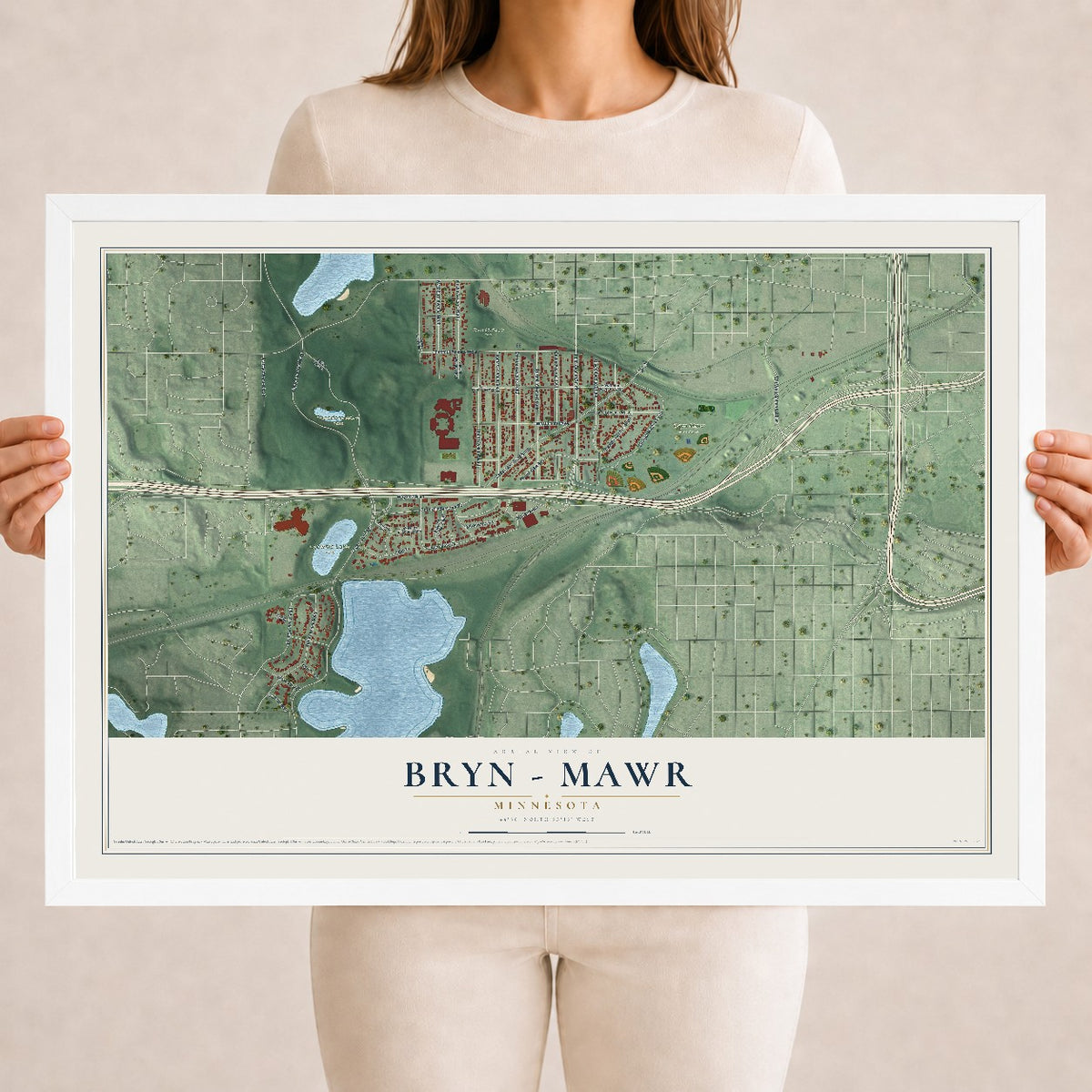 Map of Bryn - Mawr, Minnesota, 18 x 24 inch print in a white wood frame