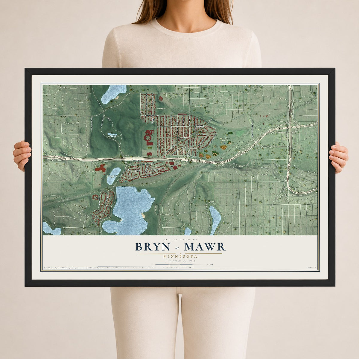 Map of Bryn - Mawr, Minnesota, 24 x 36 inch print in a black wood frame
