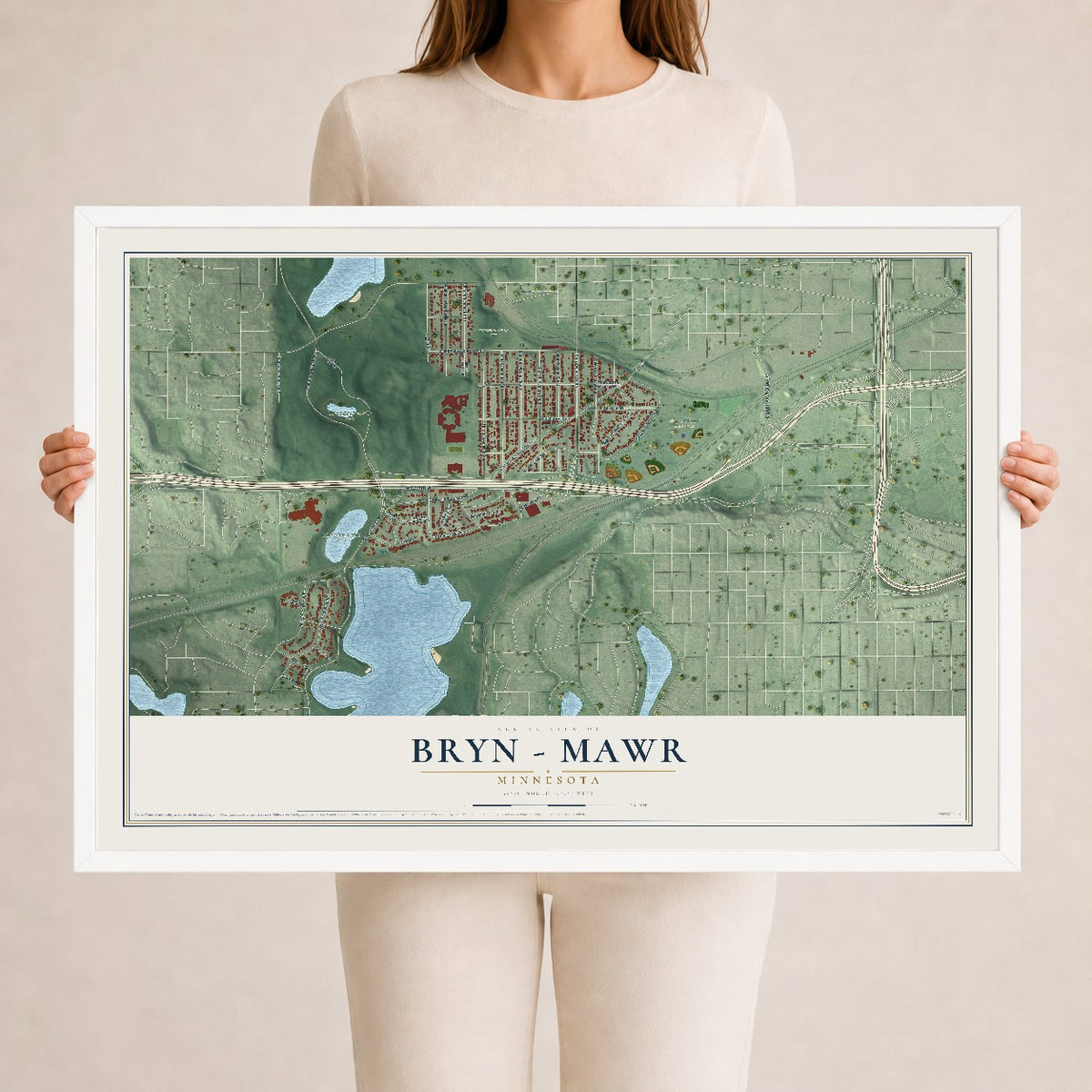 Map of Bryn - Mawr, Minnesota, 24 x 36 inch print in a white wood frame