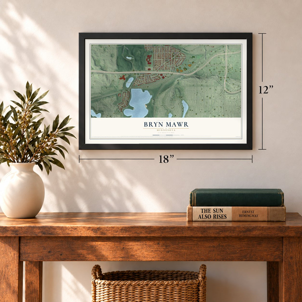 Bryn Mawr, Minnesota map, 12 x 18 inch print in a black frame in an entryway